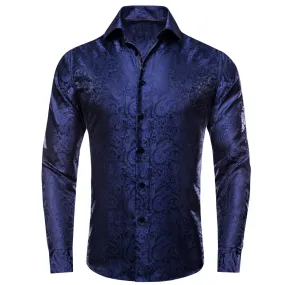 Ties2you Men's Shirt Navy Blue Paisley Silk Long Sleeve Dress Shirt