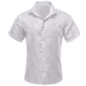 Ties2you Short Sleeve Shirt Pure White Paisley Men's Silk Shirt Fashion