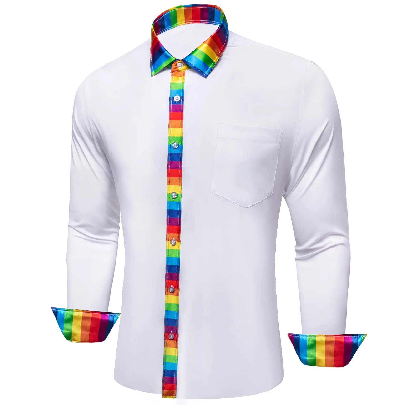 Ties2you Work Shirt White Colorful Splicing Long Sleeve Silk Mens Button Up Shirt