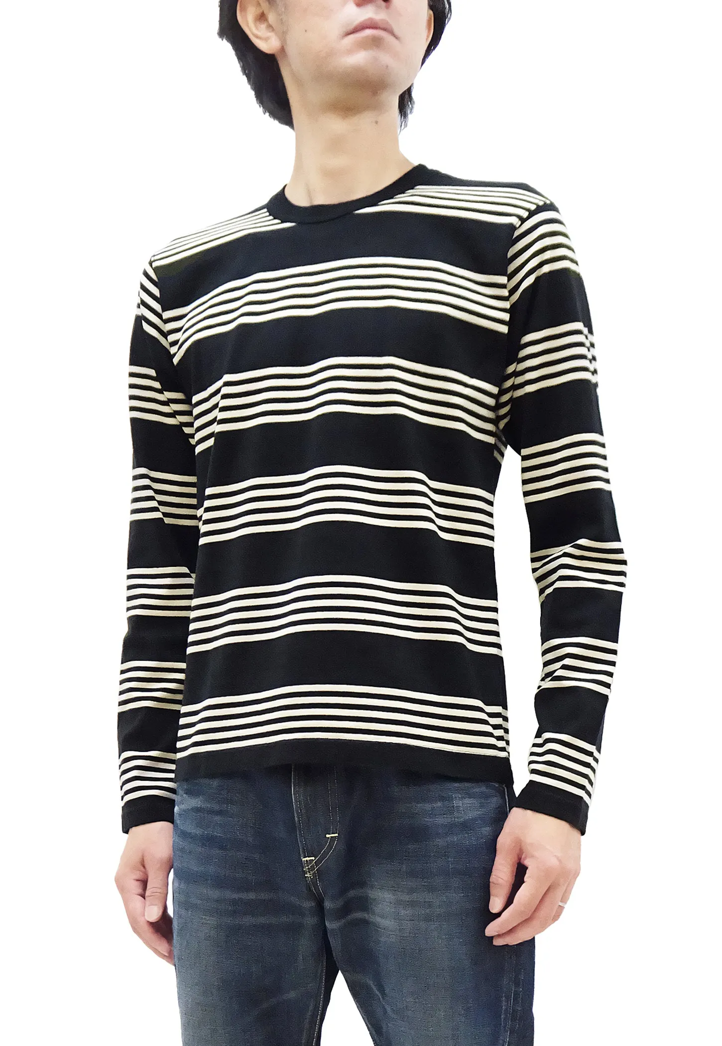 TOYS McCOY Striped T-Shirt Men's Steve McQueen Long Sleeve Horizontal Stripe Tee TMC2354 041 Ivory/Black