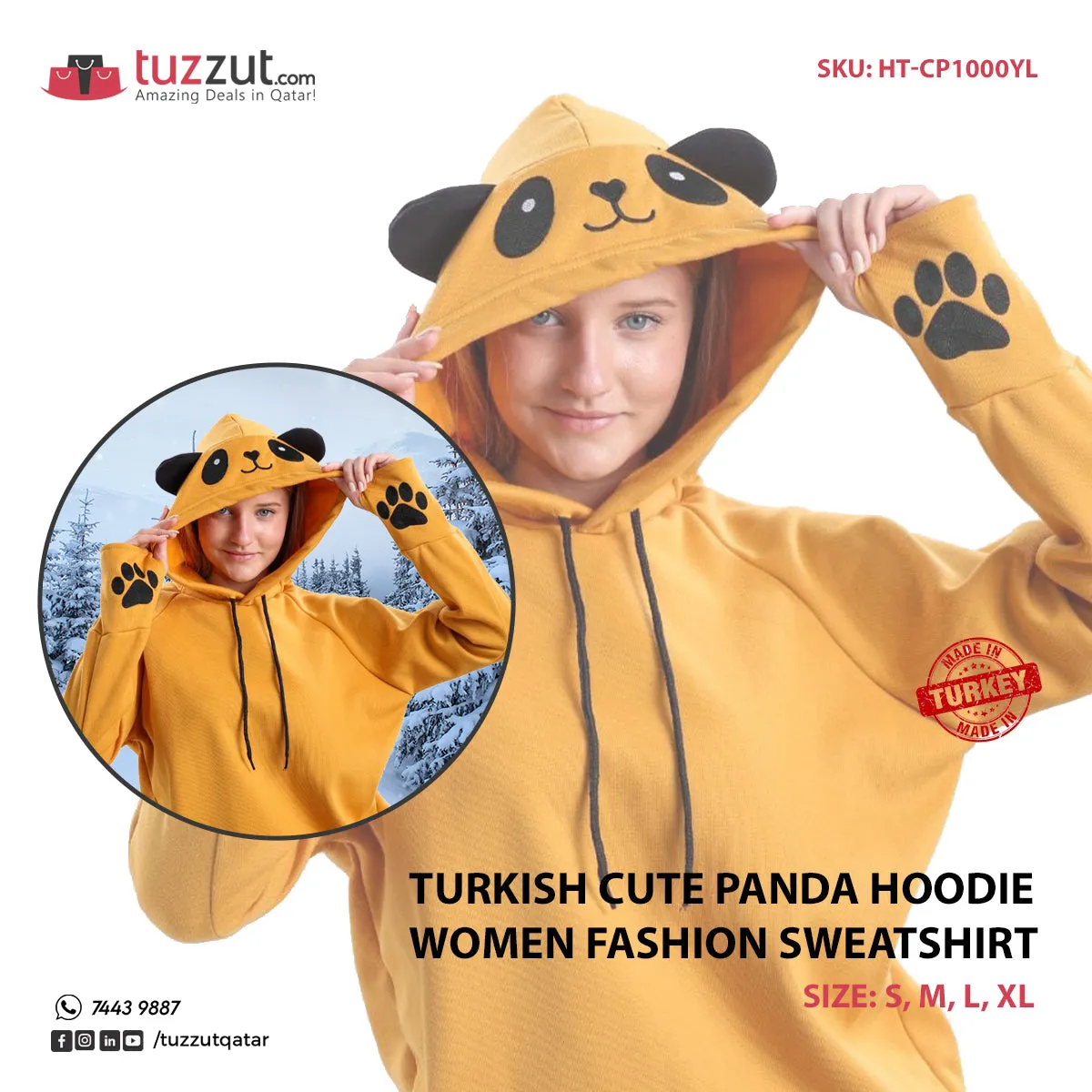 Turkish Cute Panda Hoodie Women Fashion Sweatshirt- Mustard Yellow