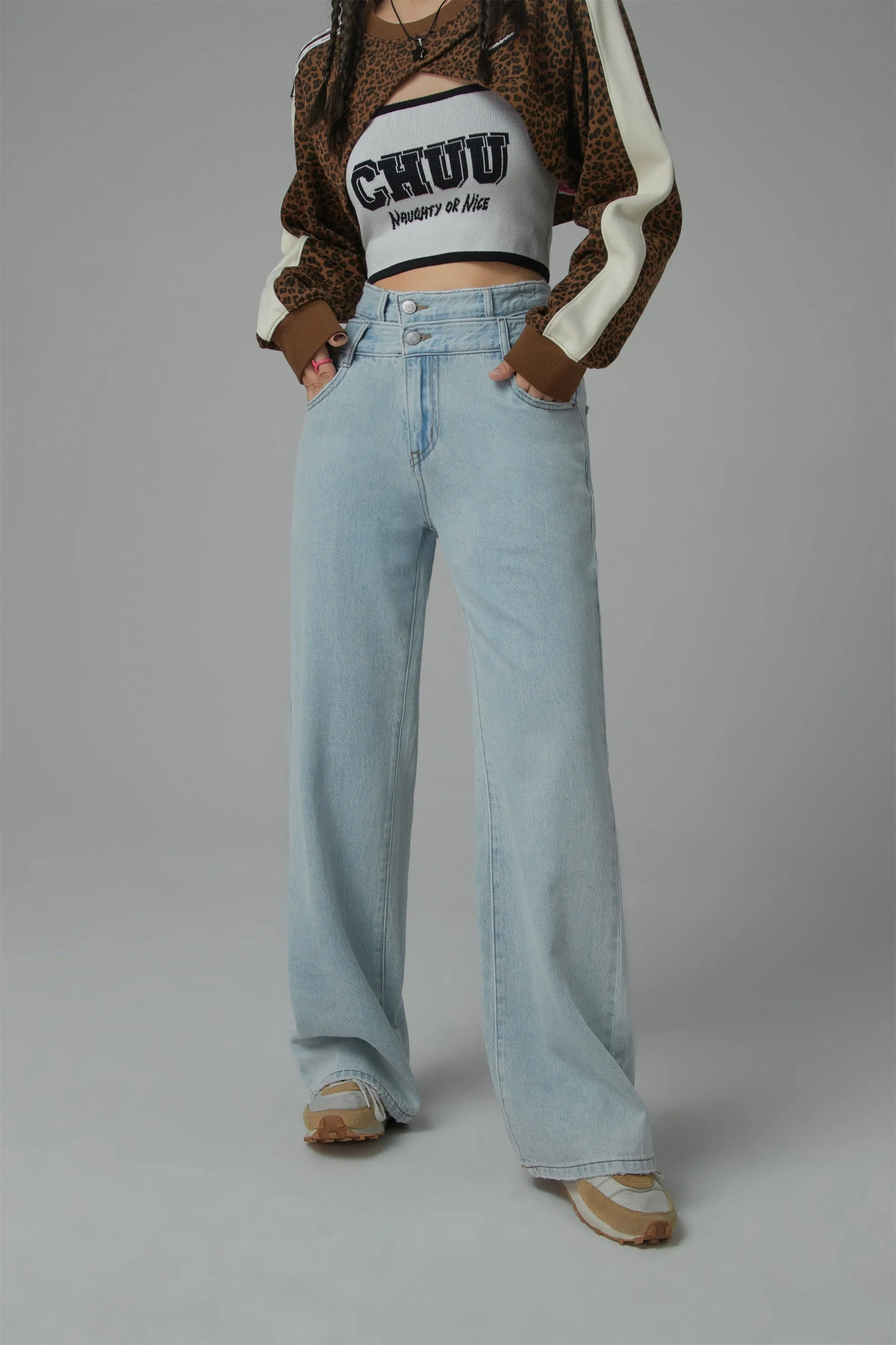 Two-Layer Illusion Wide Denim Jeans