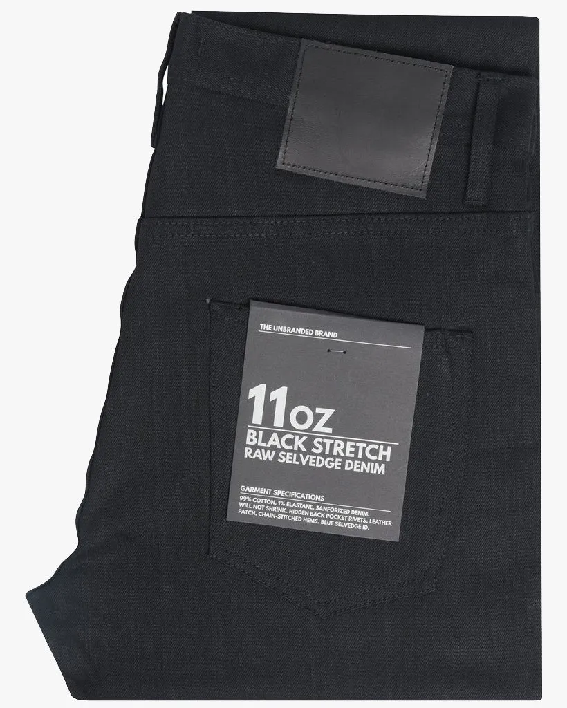 Unbranded UB644 Relaxed Tapered Mens Jeans - 11oz Solid Black Stretch Selvedge