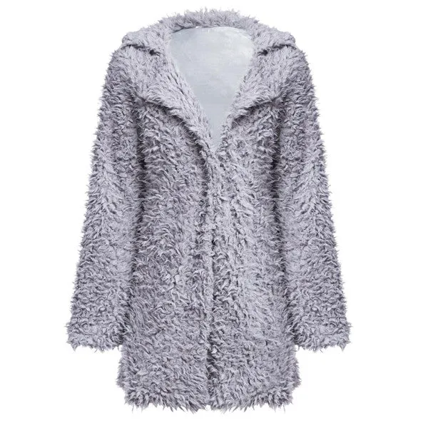 VESTLINDA Winter Grey Wool Overcoat Warm Outerwear Women Pink Faux Fur Coat Turn Down Collar Long Sleeve Cardigan Female Outwear