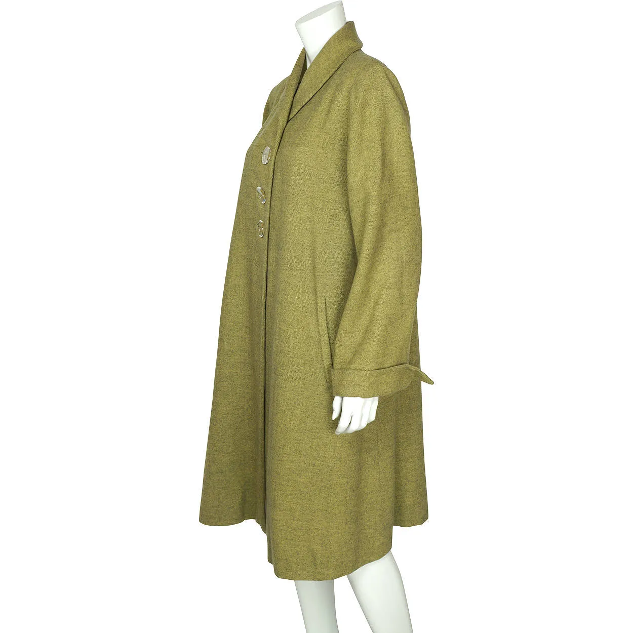 Vintage 1950s Coat Green Herringbone Tweed Wool Ladies Size M L