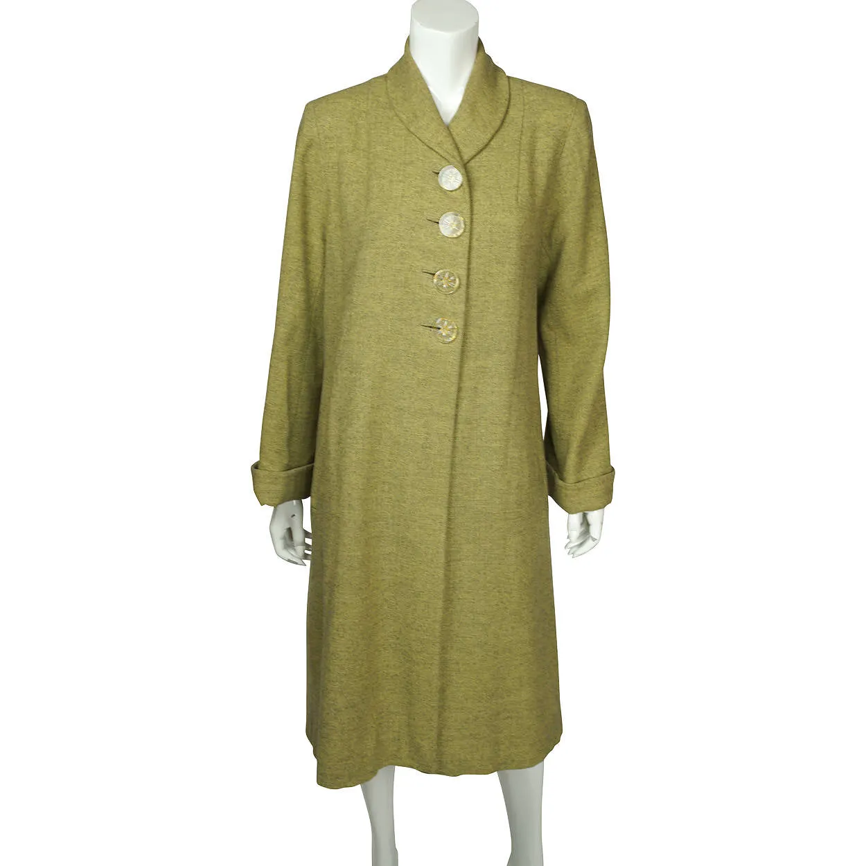 Vintage 1950s Coat Green Herringbone Tweed Wool Ladies Size M L