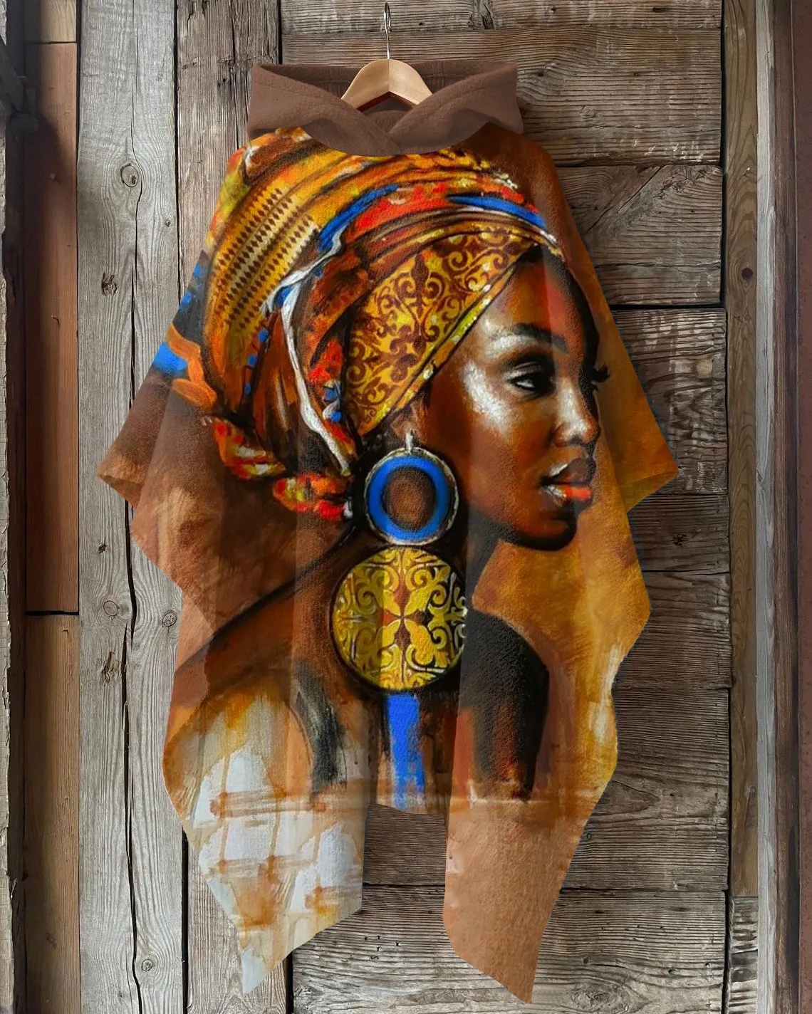 Vintage African Woman Oil Painting Hooded Warm Shawl Cape