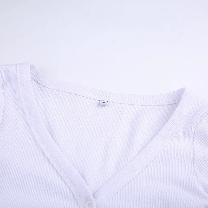 White Solid Sexy V Neck Crop Top Single-Breasted Long Sleeve