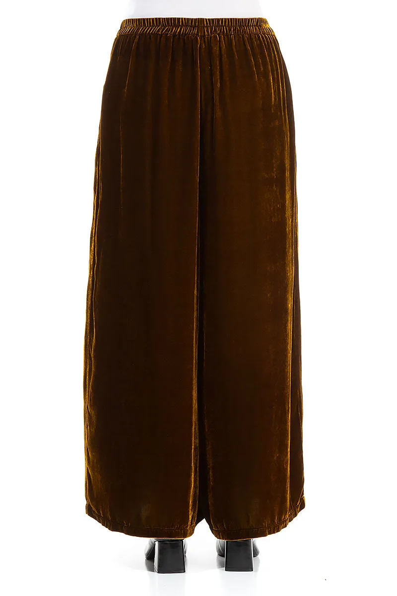 Wide Loose Golden Olive Silk Velvet Trousers