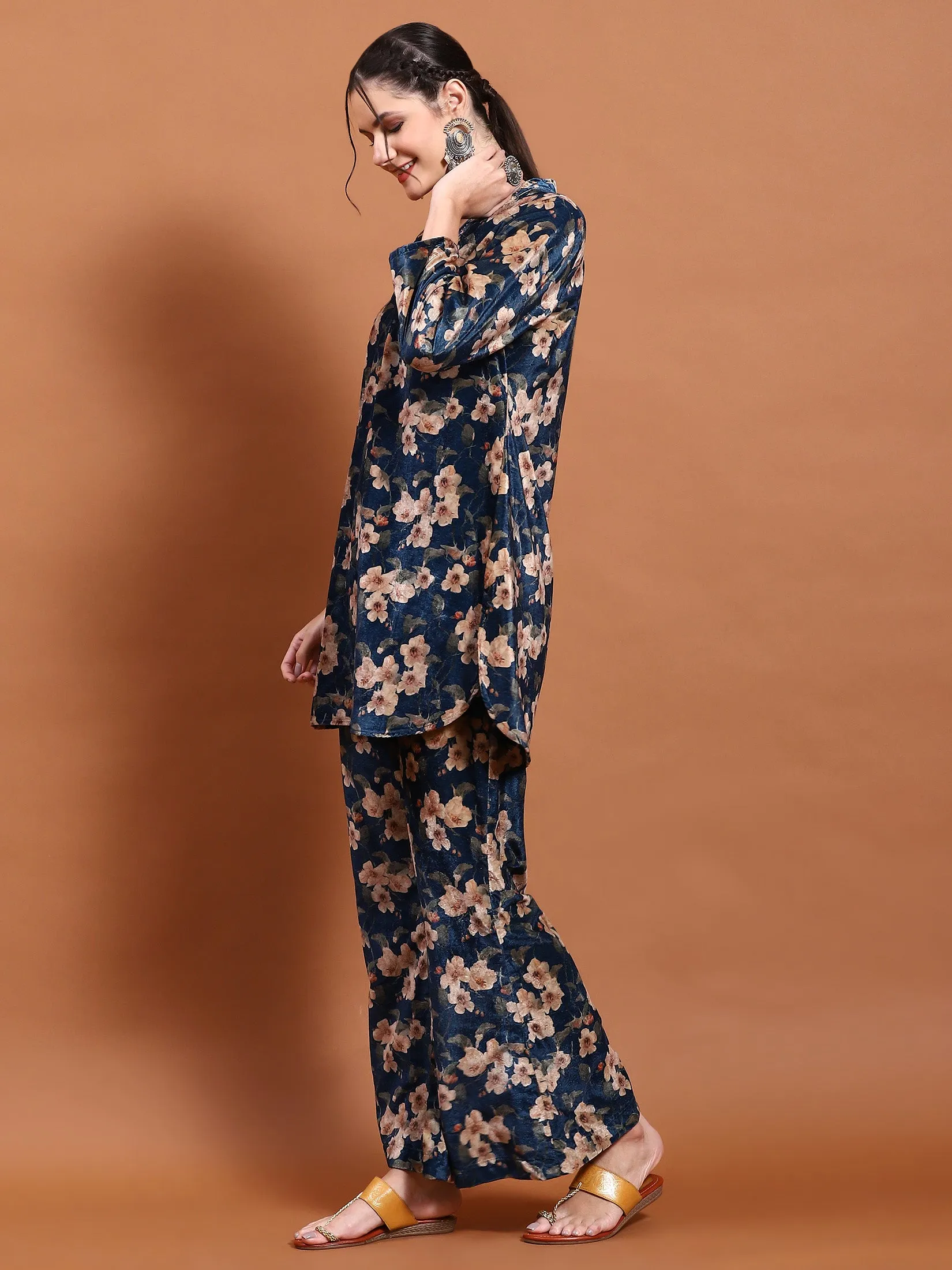 Winter Women Blue Floral Print Co-Ord Set