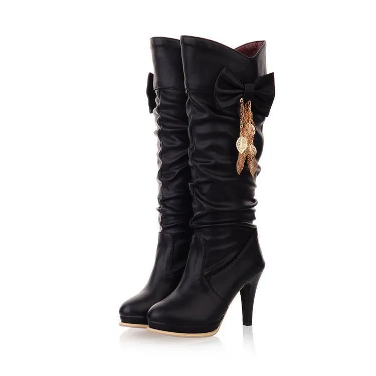 Women bowknot fringed chunky high heel platform knee high boots