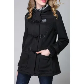 Women Charming Horn Buckle Closure Solid Color Two Pocket Hood Coat - WCT29116