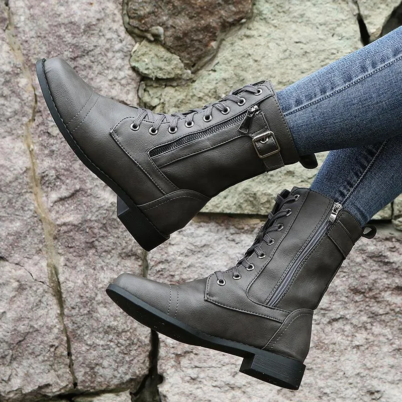 Women flat heel criss cross lace up fashion mid calf boots