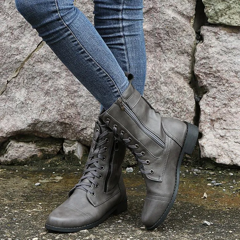 Women flat heel criss cross lace up fashion mid calf boots