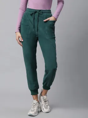 Women Green Elastic Hem Tapered Leg High Rise Jogger