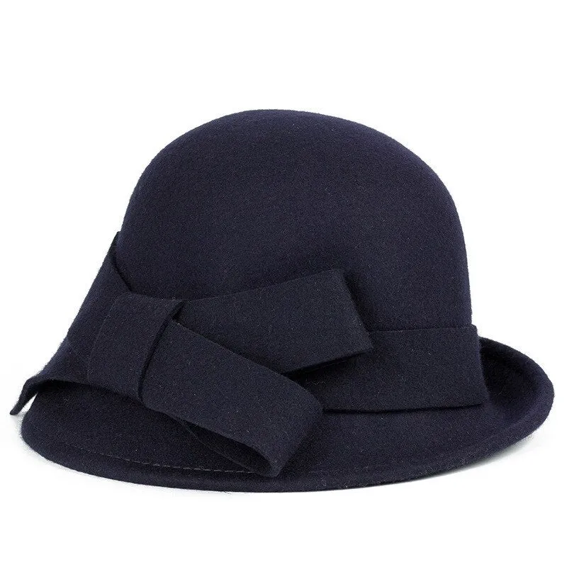 Women Party Formal Headwear Lady Winter Fashion Asymmetric Bowknot 100% Wool Felt Hats