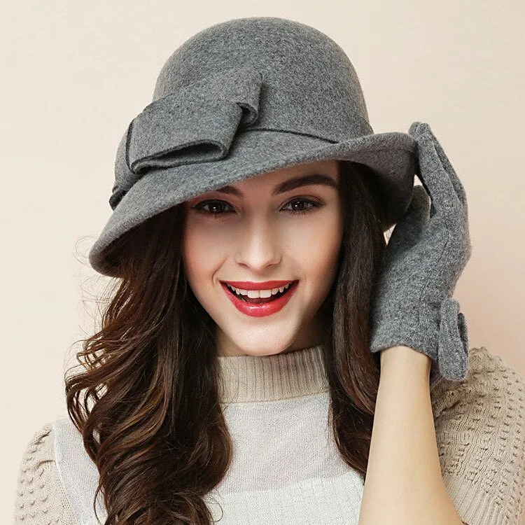 Women Party Formal Headwear Lady Winter Fashion Asymmetric Bowknot 100% Wool Felt Hats