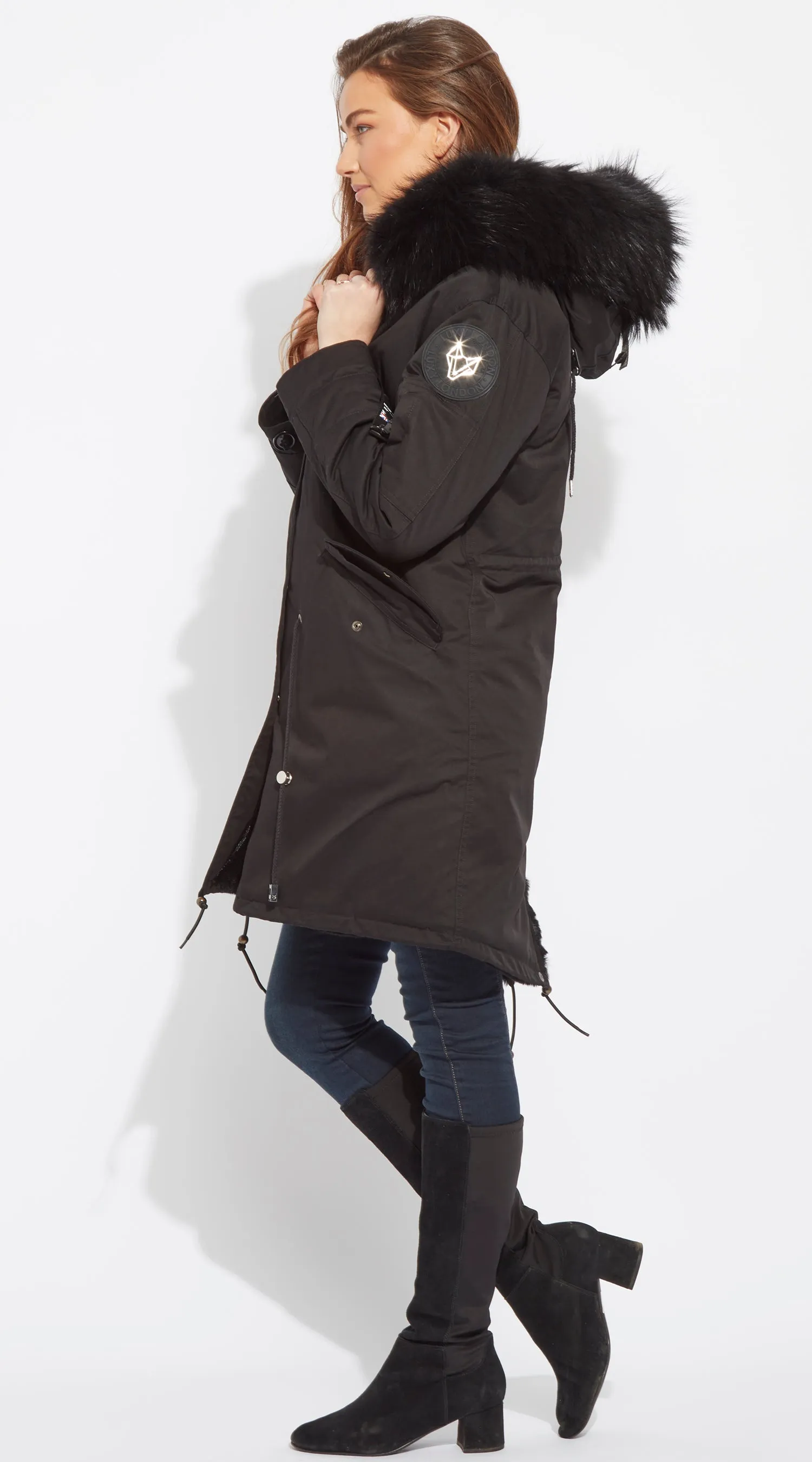 Womens Black Canvas Luxy Fur Parka - 3/4 Black