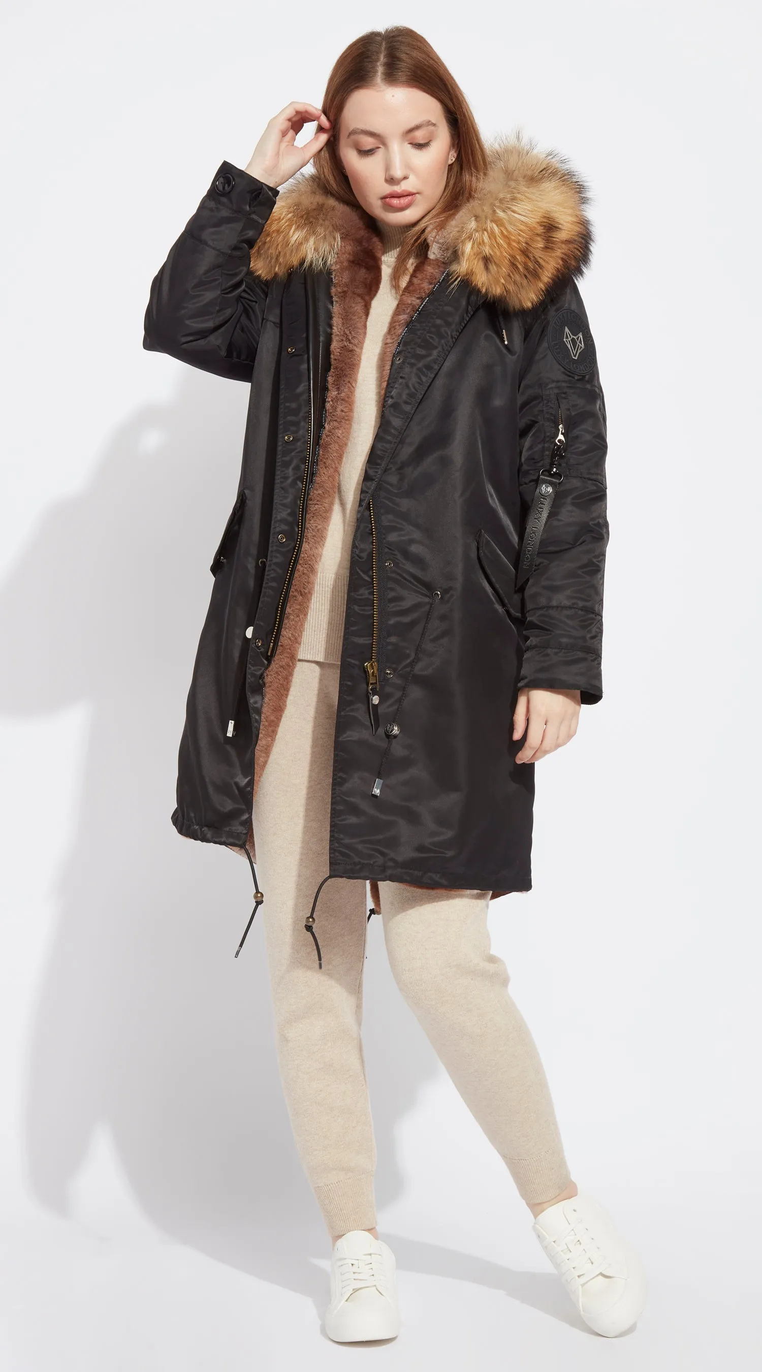 Womens Black Water-Repellent Luxy Fur Parka - 3/4 Natural