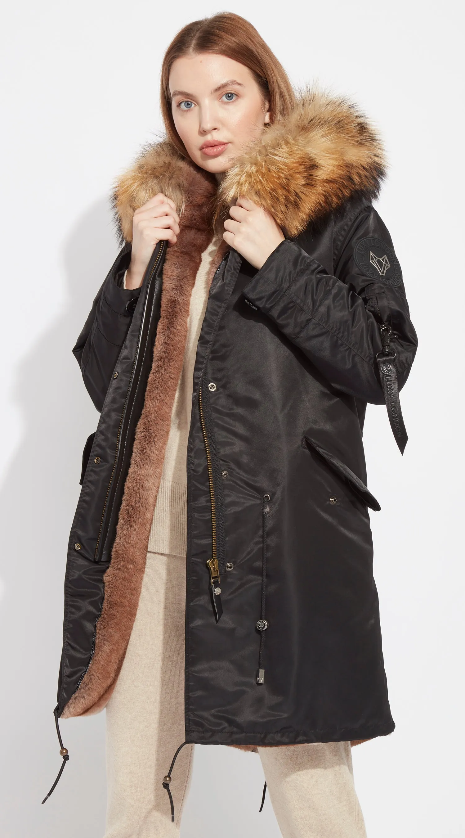 Womens Black Water-Repellent Luxy Fur Parka - 3/4 Natural