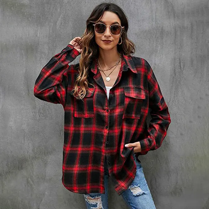 Women's Button Flannel Shirt Plaid Long Sleeve Top