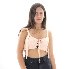 Women's Lace Crop Top With Ties,Peach