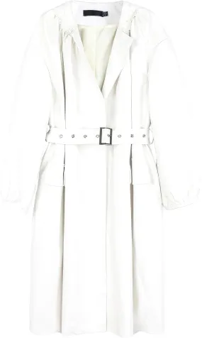 Women’s White Genuine Sheepskin Pleated Neckline Loose Luxury Casual Korean Fashion Stylish Belted Leather Coat