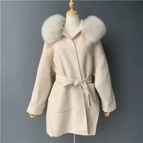 Women's Winter Coat - Real Fur Hood, 100% Natural Fox Fur Collar & Cuffs, Cashmere Wool Blend, Oversized Loose Fit Outerwear