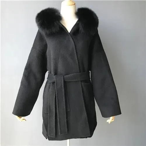 Women's Winter Coat - Real Fur Hood, 100% Natural Fox Fur Collar & Cuffs, Cashmere Wool Blend, Oversized Loose Fit Outerwear