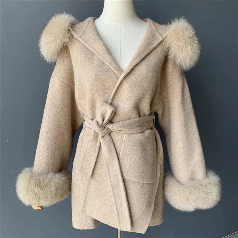 Women's Winter Coat - Real Fur Hood, 100% Natural Fox Fur Collar & Cuffs, Cashmere Wool Blend, Oversized Loose Fit Outerwear