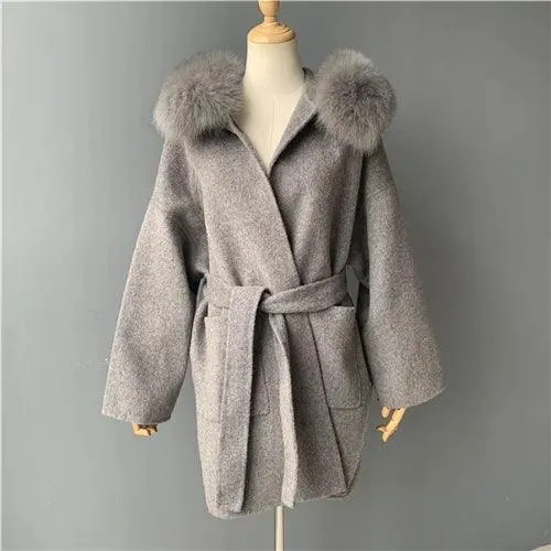 Women's Winter Coat - Real Fur Hood, 100% Natural Fox Fur Collar & Cuffs, Cashmere Wool Blend, Oversized Loose Fit Outerwear