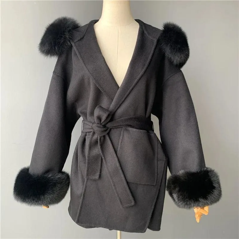 Women's Winter Coat - Real Fur Hood, 100% Natural Fox Fur Collar & Cuffs, Cashmere Wool Blend, Oversized Loose Fit Outerwear