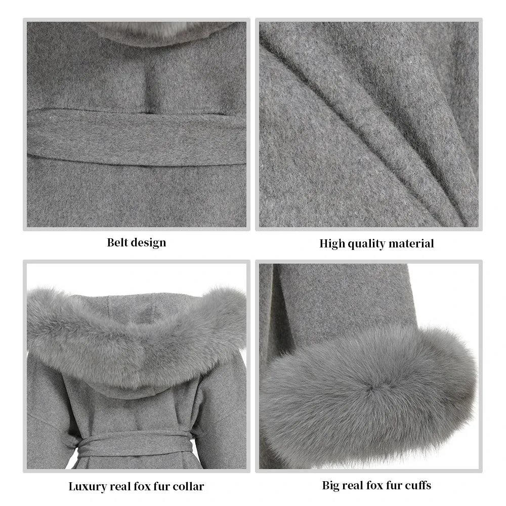 Women's Winter Coat - Real Fur Hood, 100% Natural Fox Fur Collar & Cuffs, Cashmere Wool Blend, Oversized Loose Fit Outerwear