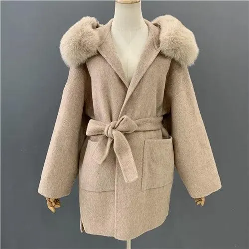 Women's Winter Coat - Real Fur Hood, 100% Natural Fox Fur Collar & Cuffs, Cashmere Wool Blend, Oversized Loose Fit Outerwear