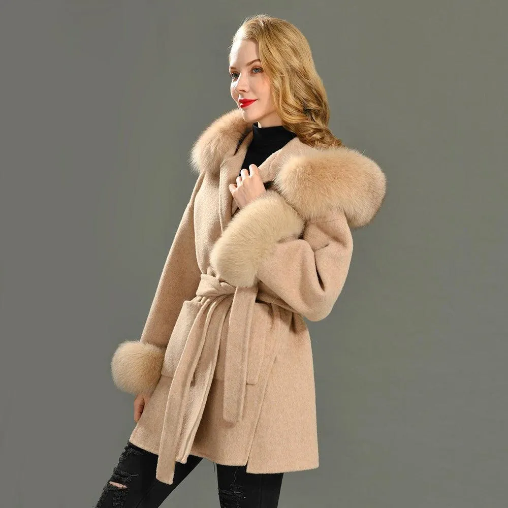 Women's Winter Coat - Real Fur Hood, 100% Natural Fox Fur Collar & Cuffs, Cashmere Wool Blend, Oversized Loose Fit Outerwear