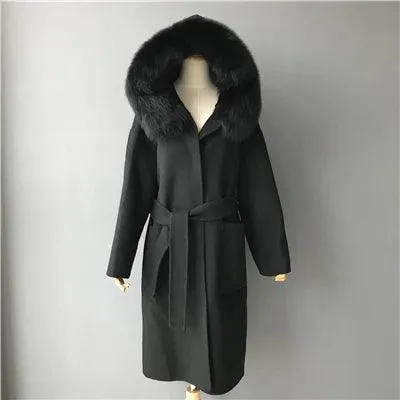 Women's Winter Coat - Real Fur Hood, 100% Natural Fox Fur Collar & Cuffs, Cashmere Wool Blend, Oversized Loose Fit Outerwear