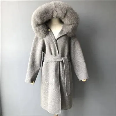 Women's Winter Coat - Real Fur Hood, 100% Natural Fox Fur Collar & Cuffs, Cashmere Wool Blend, Oversized Loose Fit Outerwear