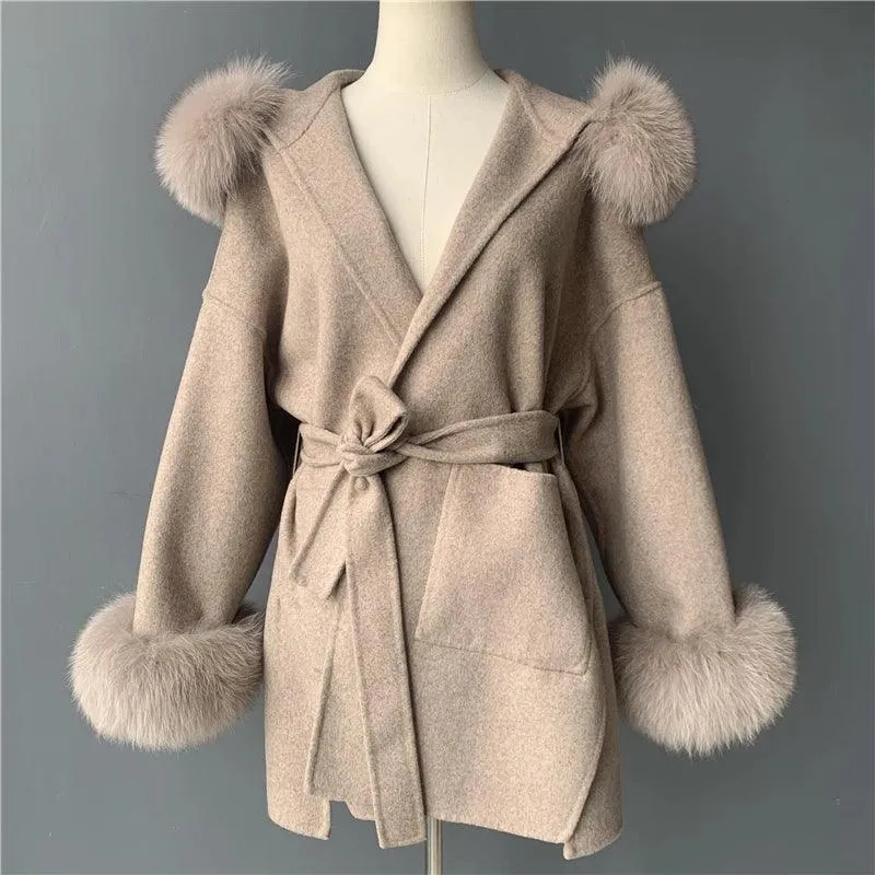 Women's Winter Coat - Real Fur Hood, 100% Natural Fox Fur Collar & Cuffs, Cashmere Wool Blend, Oversized Loose Fit Outerwear