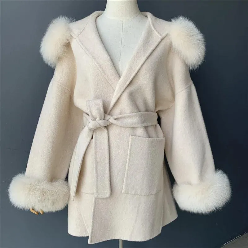 Women's Winter Coat - Real Fur Hood, 100% Natural Fox Fur Collar & Cuffs, Cashmere Wool Blend, Oversized Loose Fit Outerwear