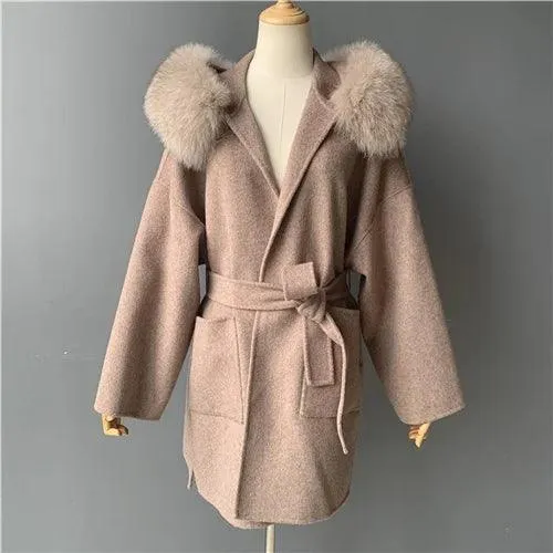 Women's Winter Coat - Real Fur Hood, 100% Natural Fox Fur Collar & Cuffs, Cashmere Wool Blend, Oversized Loose Fit Outerwear