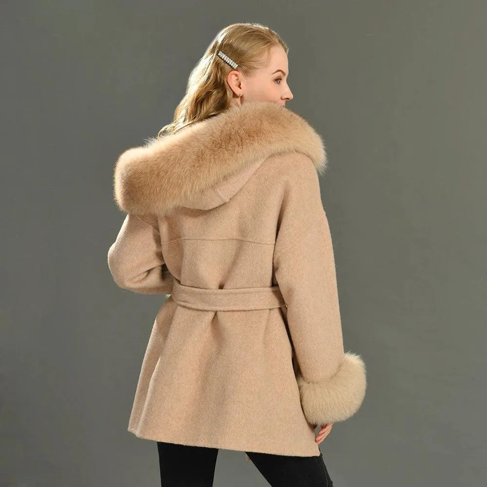 Women's Winter Coat - Real Fur Hood, 100% Natural Fox Fur Collar & Cuffs, Cashmere Wool Blend, Oversized Loose Fit Outerwear