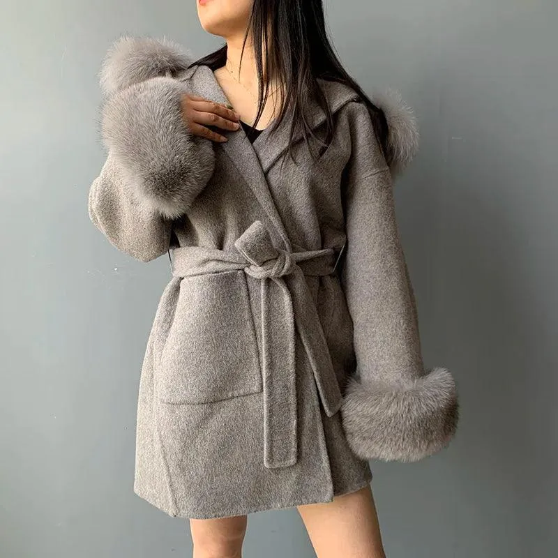 Women's Winter Coat - Real Fur Hood, 100% Natural Fox Fur Collar & Cuffs, Cashmere Wool Blend, Oversized Loose Fit Outerwear