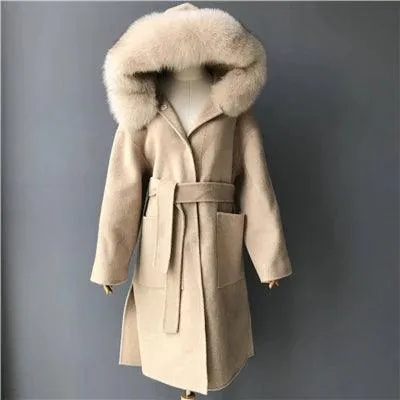 Women's Winter Coat - Real Fur Hood, 100% Natural Fox Fur Collar & Cuffs, Cashmere Wool Blend, Oversized Loose Fit Outerwear